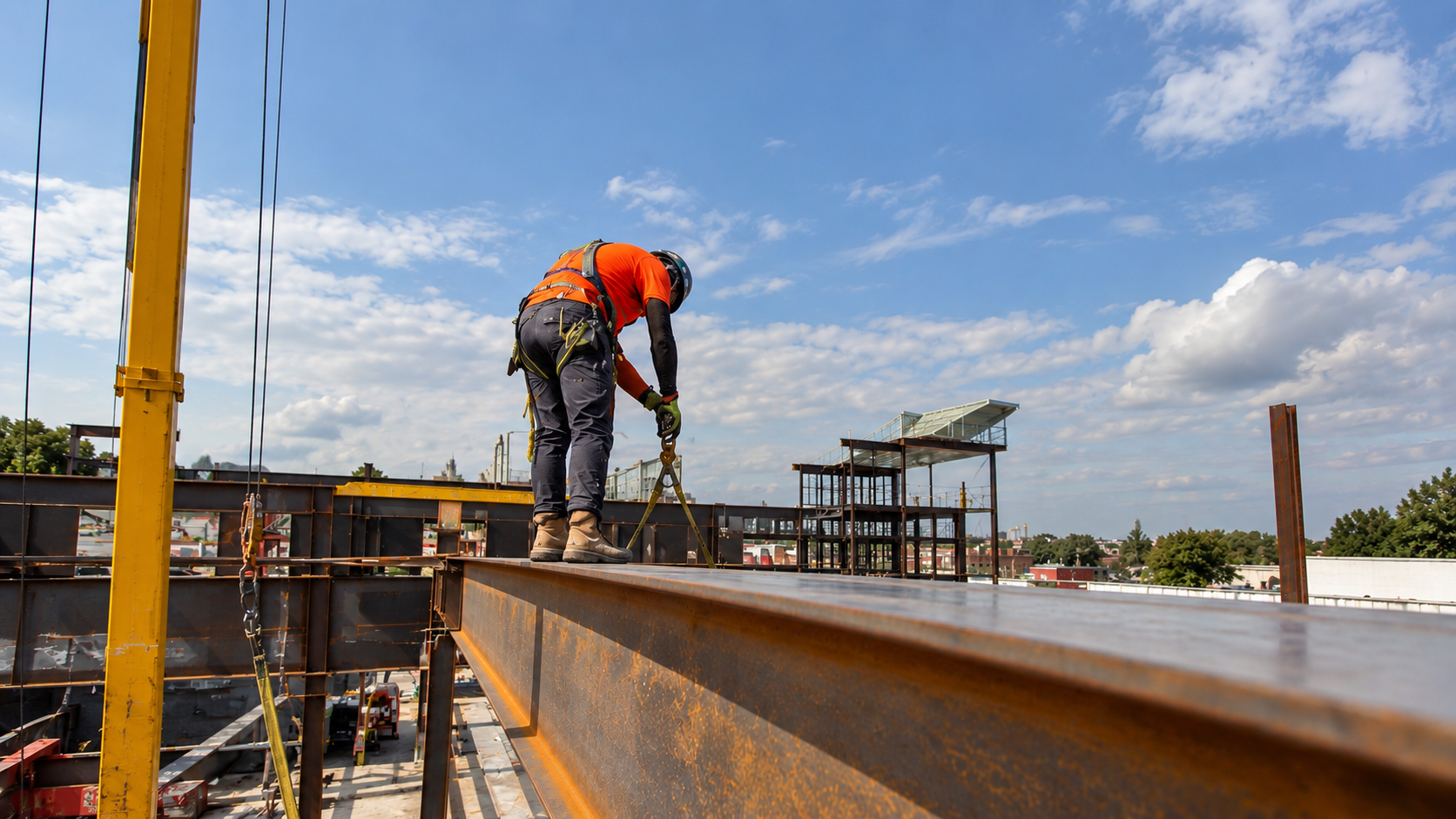 Ironworker on a steel beam during construction at Bronx Arts and Science Charter School, Bronx, New York