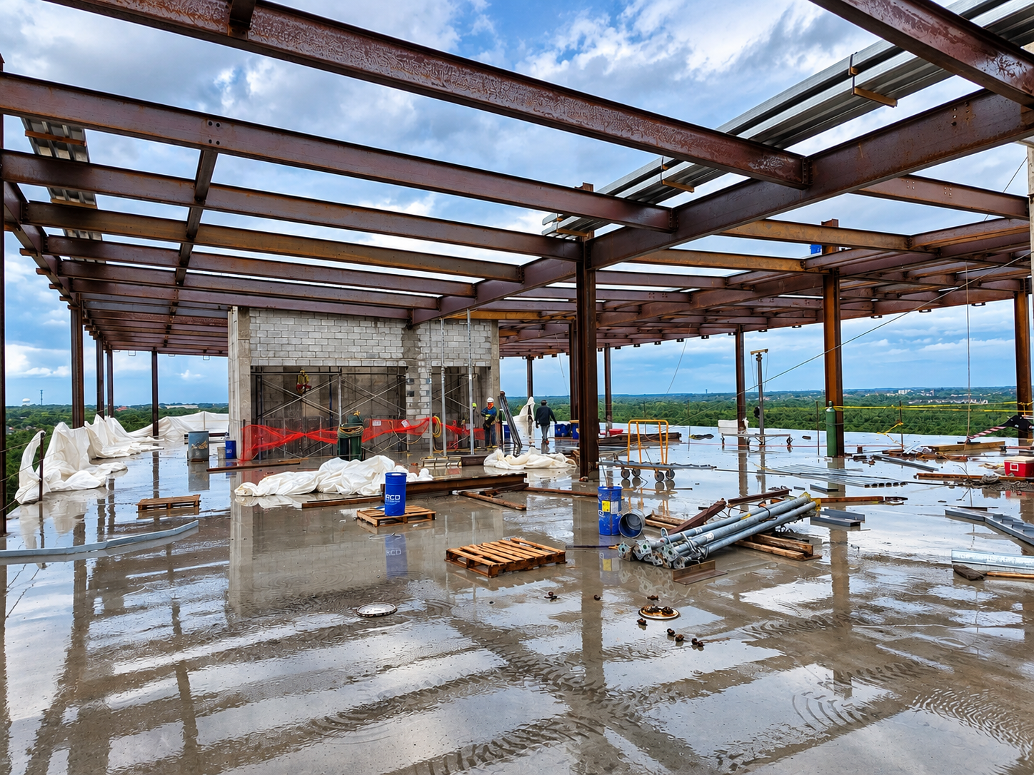 Spire One — exposed structural steel roof framing at the top of the building, Lakewood, New Jersey