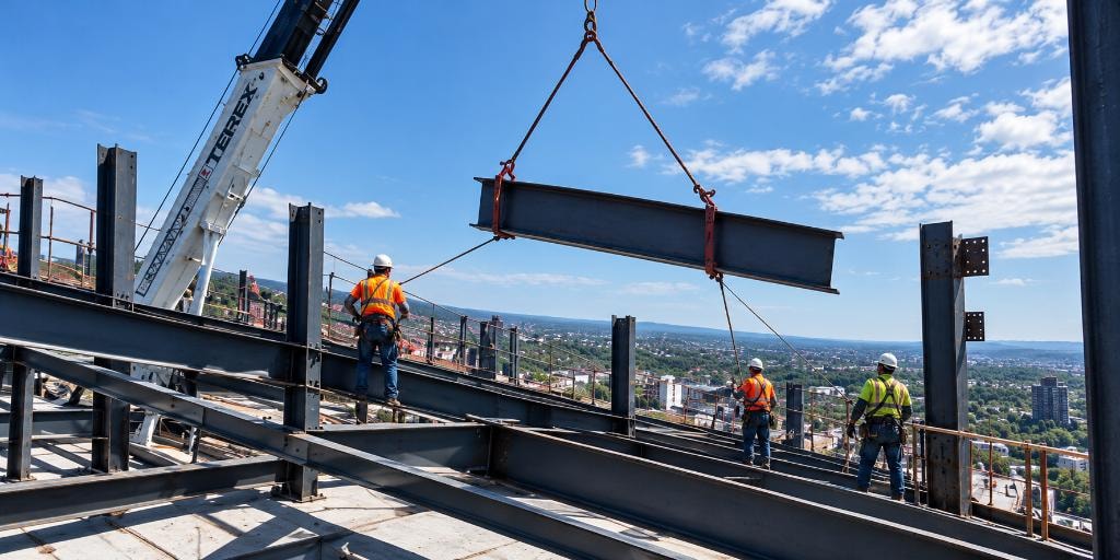 Crane lifting structural steel beam with workers guiding it on a Blue Wave Steel erection project
