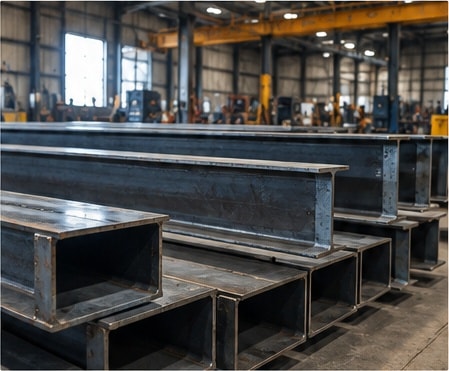 Fabricated structural steel beams and components ready for delivery