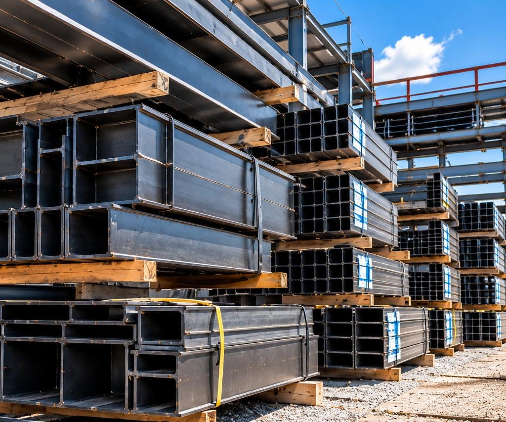 Organized bundles of structural steel stored and staged on wooden supports